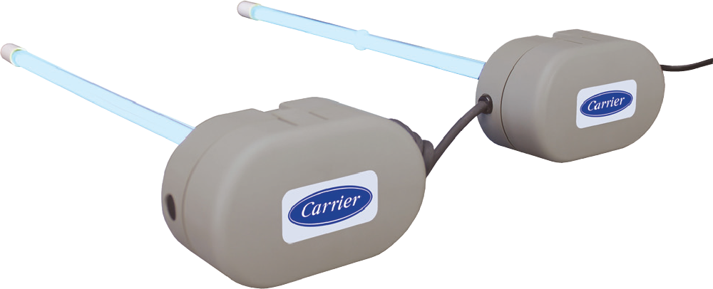 Two Carrier Performance Series germicidal UV lamp units with blue bulbs used for HVAC coil protection.