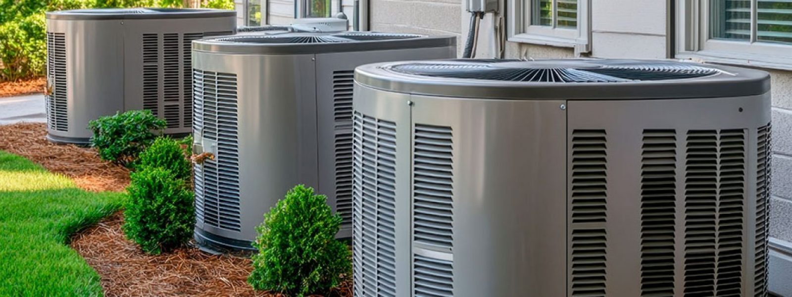 A row of modern central air conditioning condenser units installed outside a residential building on a bed of mulch.